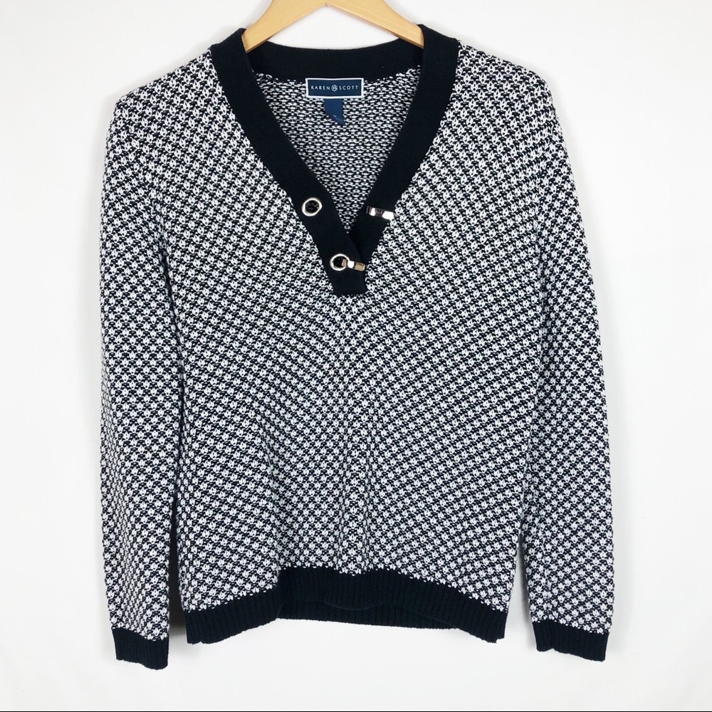 Karen Scott Cotton Textured V-Neck Sweater | Black White | Size Medium